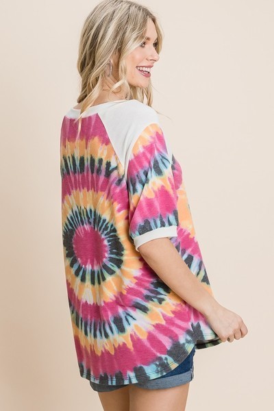 French Terry Tie Dye Tunic Top with Mini Bubble Sleeves – Fuchsia