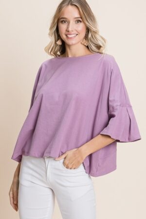 Lavender Cotton Top with Pleated Bell Sleeves