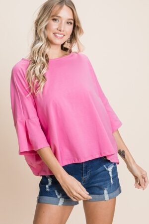 Solid Cotton Top with Pleated Bell Sleeves – Hot Pink