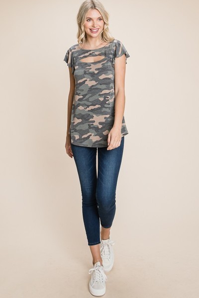 Army Camo Cut-Out Neckline Top with Flutter Sleeves – Olive Camo
