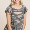 Army Camo Cut-Out Neckline Top with Flutter Sleeves – Olive Camo