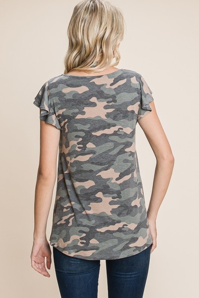 Army Camo Cut-Out Neckline Top with Flutter Sleeves – Olive Camo