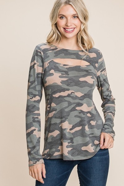Army Camo Cut-Out Neckline Top – Olive Camo