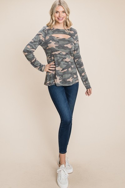 Army Camo Cut-Out Neckline Top – Olive Camo