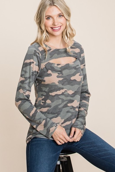 Army Camo Cut-Out Neckline Top – Olive Camo