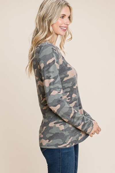 Army Camo Cut-Out Neckline Top – Olive Camo