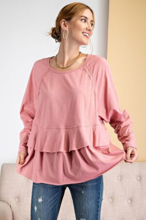 Lace-Trim Tunic with Tiered Ruffle – Dusty Rose