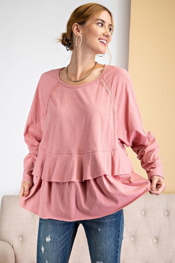 Lace-Trim Tunic with Tiered Ruffle – Dusty Rose