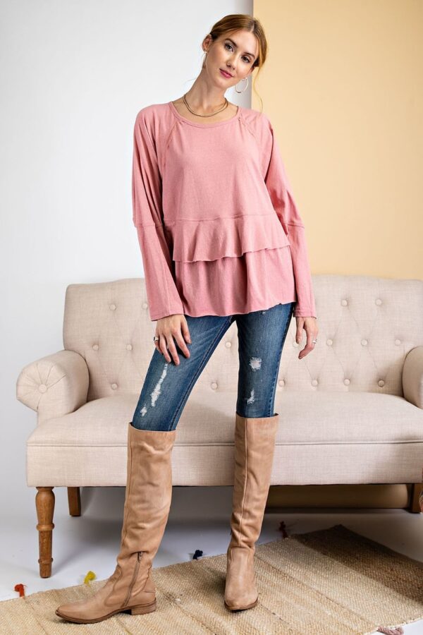 Lace-Trim Tunic with Tiered Ruffle – Dusty Rose