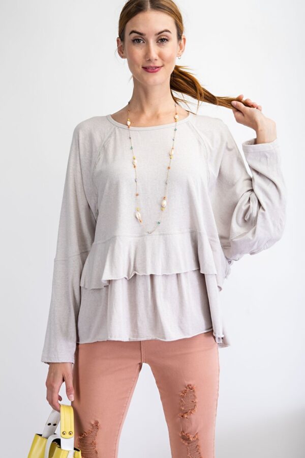 Lace-Trim Cotton Tunic with Ruffled Hem – Light Grey