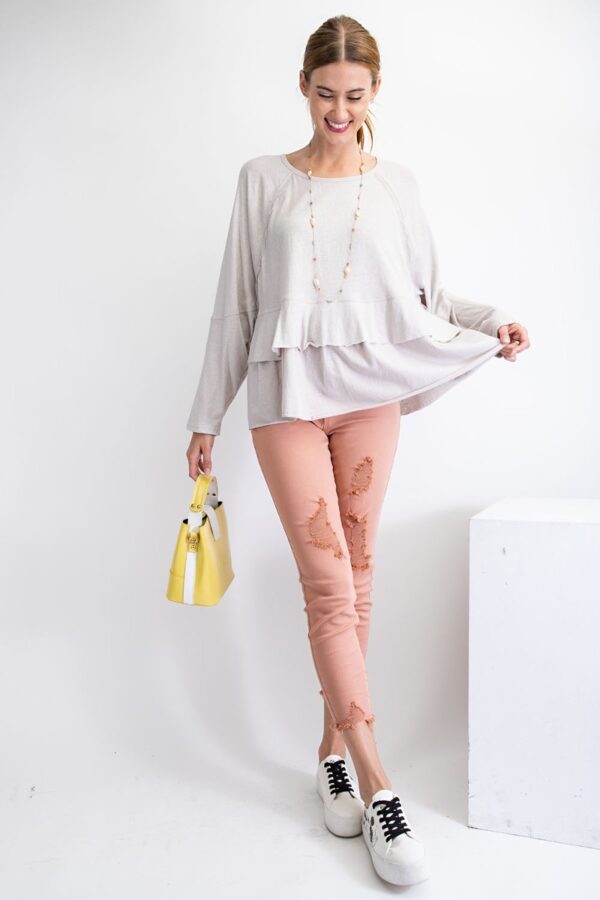 Lace-Trim Cotton Tunic with Ruffled Hem – Light Grey