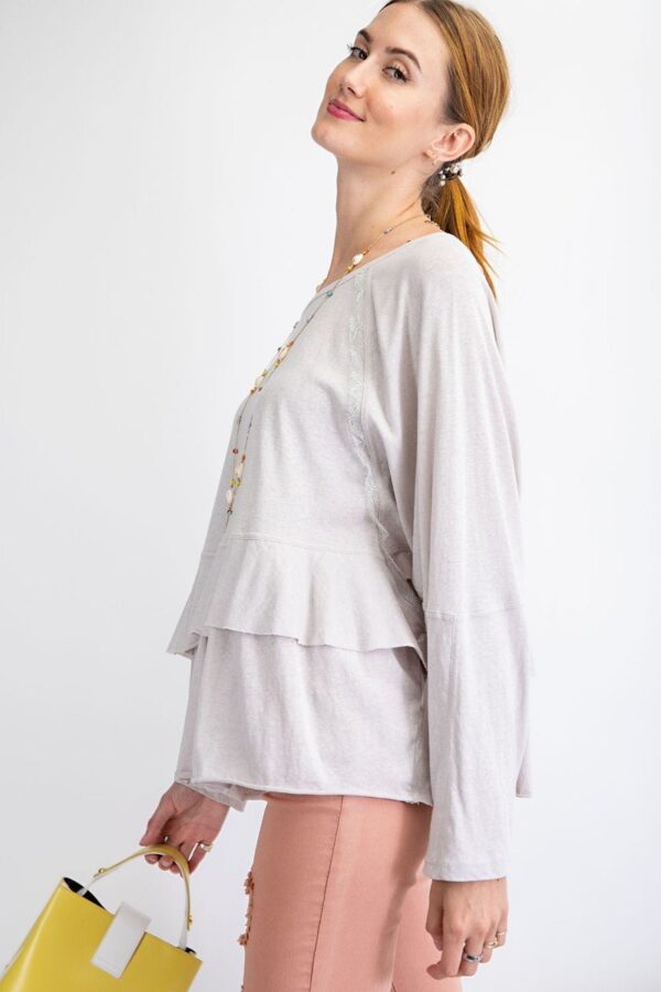 Lace-Trim Cotton Tunic with Ruffled Hem – Light Grey