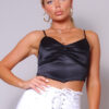 Ruched Scarf-Front Spaghetti Strap Top – Black