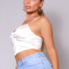 Spaghetti Strap Ruched Scarf-Front Top – Cream