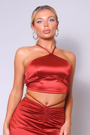 Halter Front Crop Top with Multi-Way Back – Rust