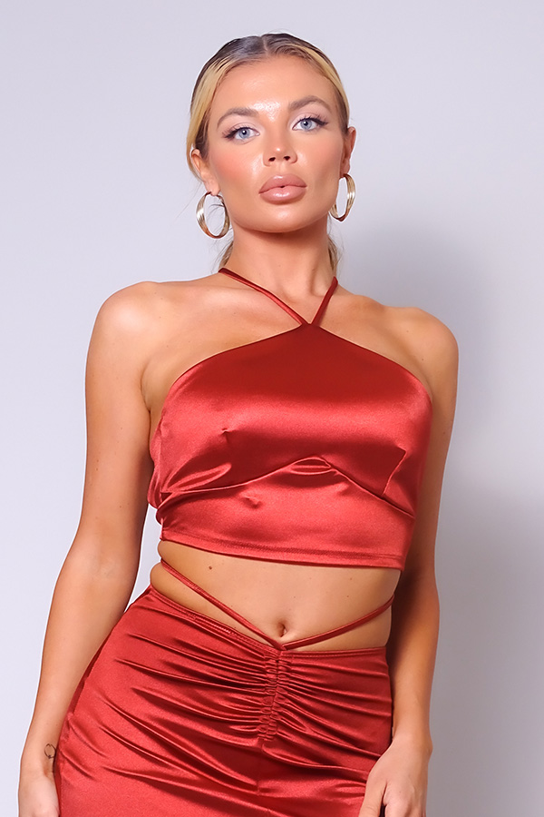 Halter Front Crop Top with Multi-Way Back – Rust