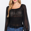 Smocked Long-Sleeve Chiffon Top – Black