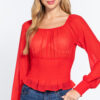 Smocked Long-Sleeve Chiffon Top – Lightweight Red