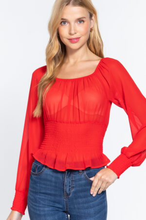 Smocked Long-Sleeve Chiffon Top – Lightweight Red