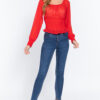 Smocked Long-Sleeve Chiffon Top – Lightweight Red