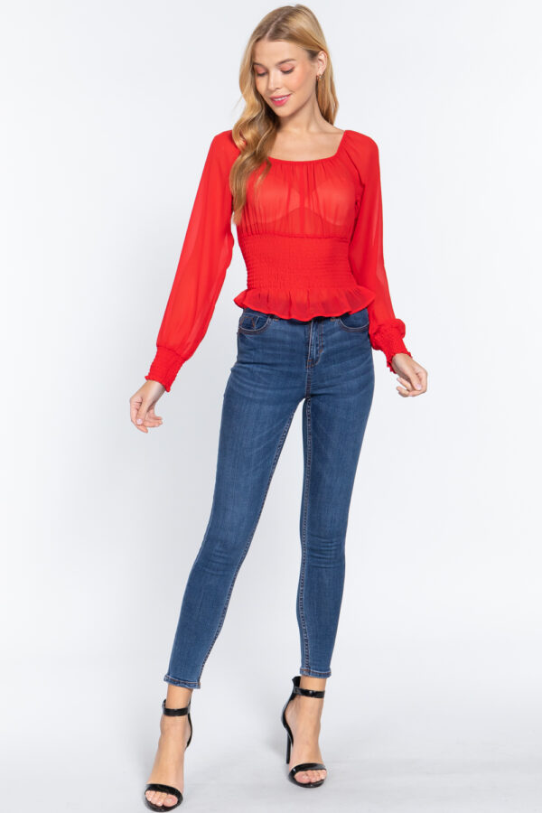 Smocked Long-Sleeve Chiffon Top – Lightweight Red