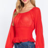 Smocked Long-Sleeve Chiffon Top – Lightweight Red