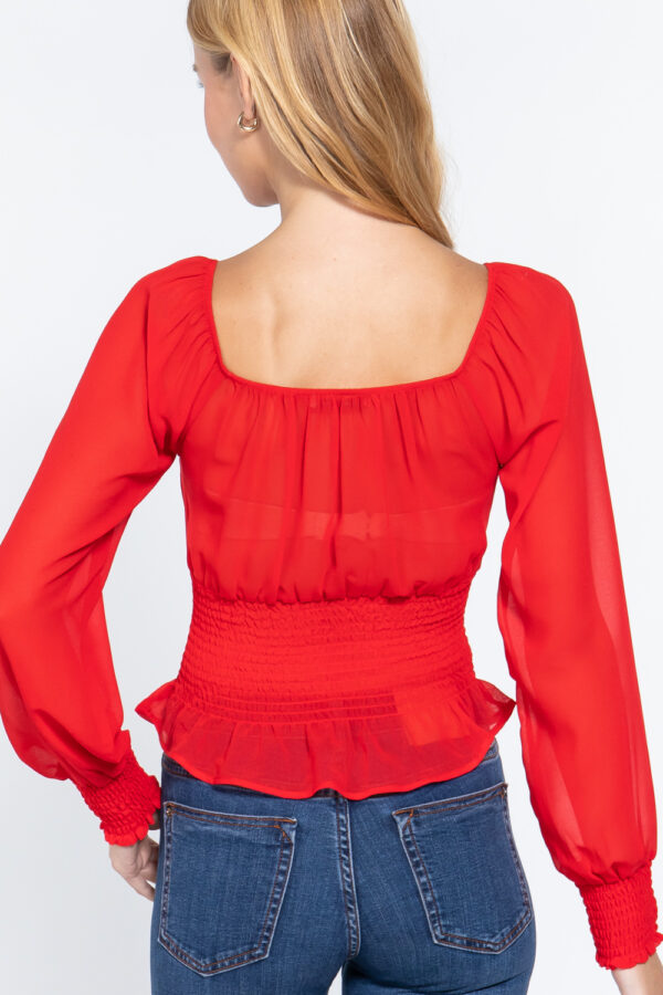 Smocked Long-Sleeve Chiffon Top – Lightweight Red