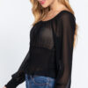 Smocked Long-Sleeve Chiffon Top – Black