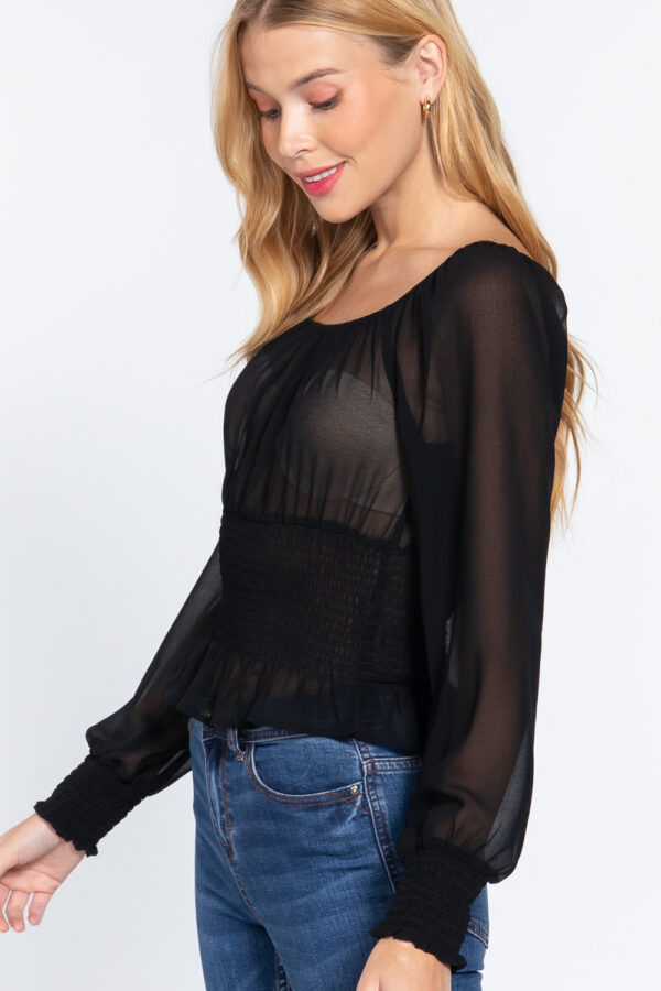 Smocked Long-Sleeve Chiffon Top – Black