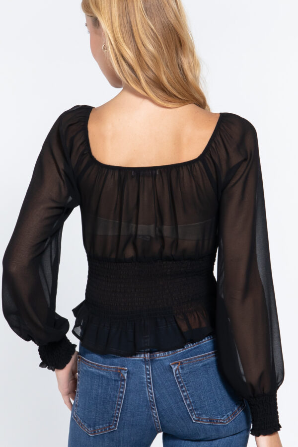 Smocked Long-Sleeve Chiffon Top – Black