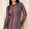 Striped Ribbed Bodycon Dress with Criss-Cross Open Back – Pink Green