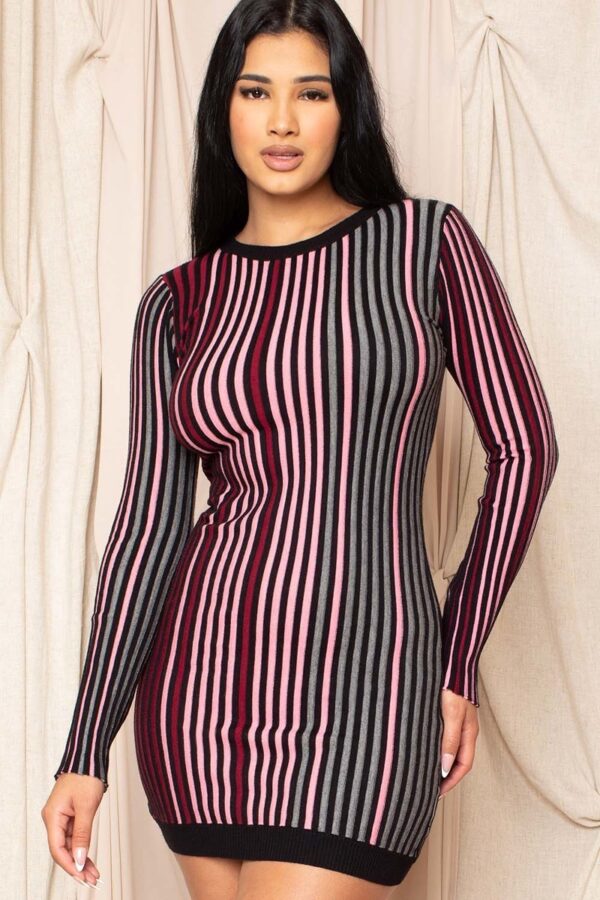 Striped Ribbed Bodycon Dress with Criss-Cross Open Back – Pink Green