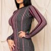 Striped Ribbed Bodycon Dress with Criss-Cross Open Back – Pink Green