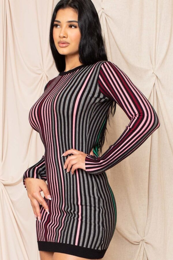 Striped Ribbed Bodycon Dress with Criss-Cross Open Back – Pink Green