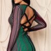 Striped Ribbed Bodycon Dress with Criss-Cross Open Back – Pink Green