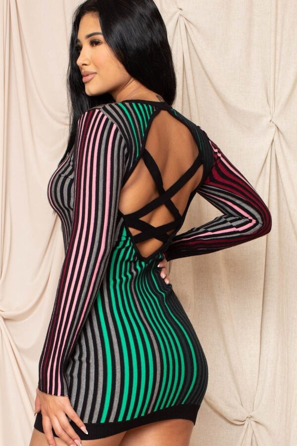 Striped Ribbed Bodycon Dress with Criss-Cross Open Back – Pink Green