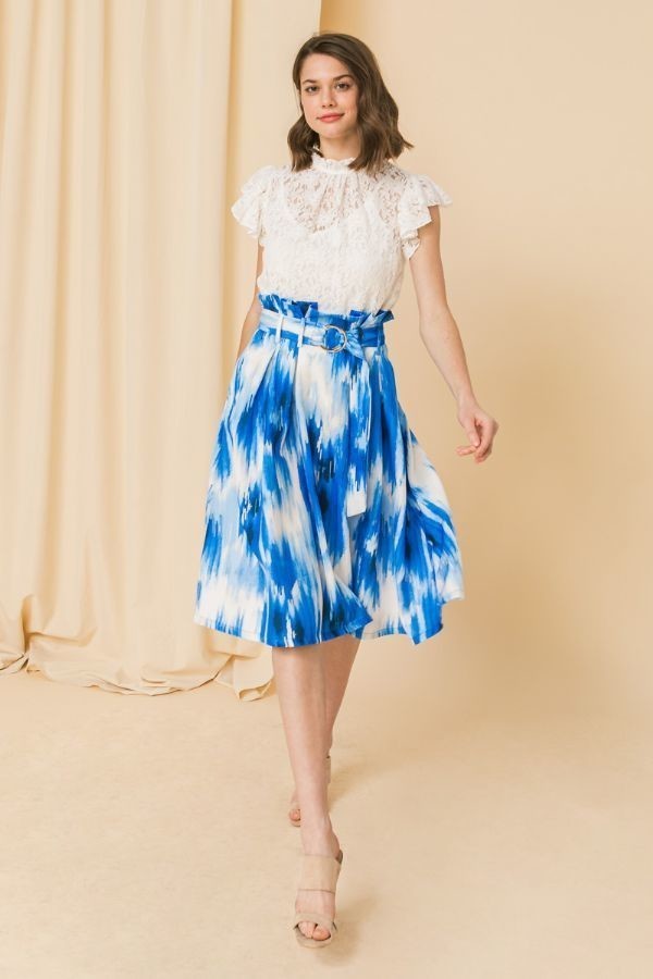 Printed Paper-Bag Skirt with Self-Buckle Belt – Off White/Blue