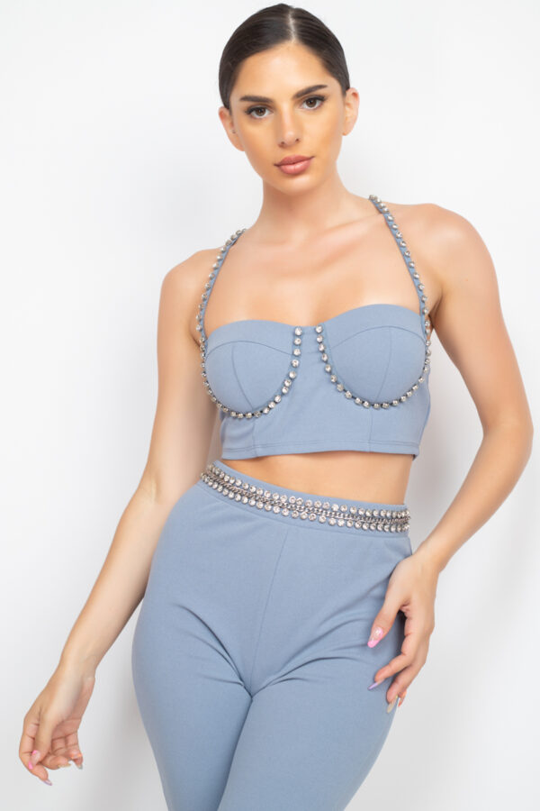 Stone-Embellished Top & Pants Set – Dusty Blush