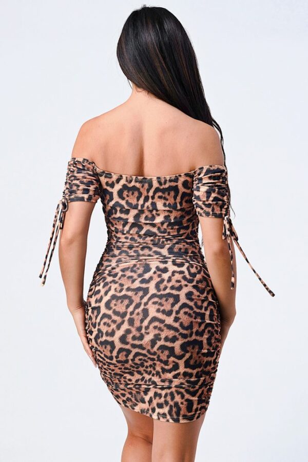 Leopard Off-Shoulder Shirred Bodycon Dress – Camel