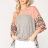 Colorblock Knit Top with Floral Print & Dolman Sleeve – Coral Mix