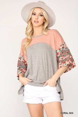 Colorblock Knit Top with Floral Print & Dolman Sleeve – Coral Mix