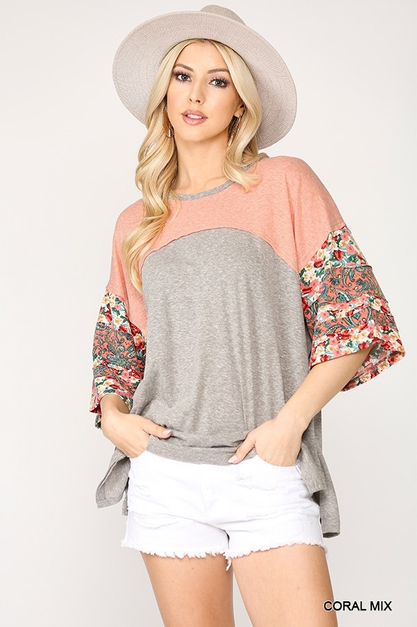 Colorblock Knit Top with Floral Print & Dolman Sleeve – Coral Mix