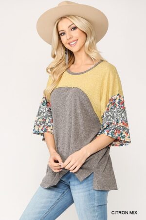 Colorblock Knit Mixed Top with Floral Print – Citron Mix