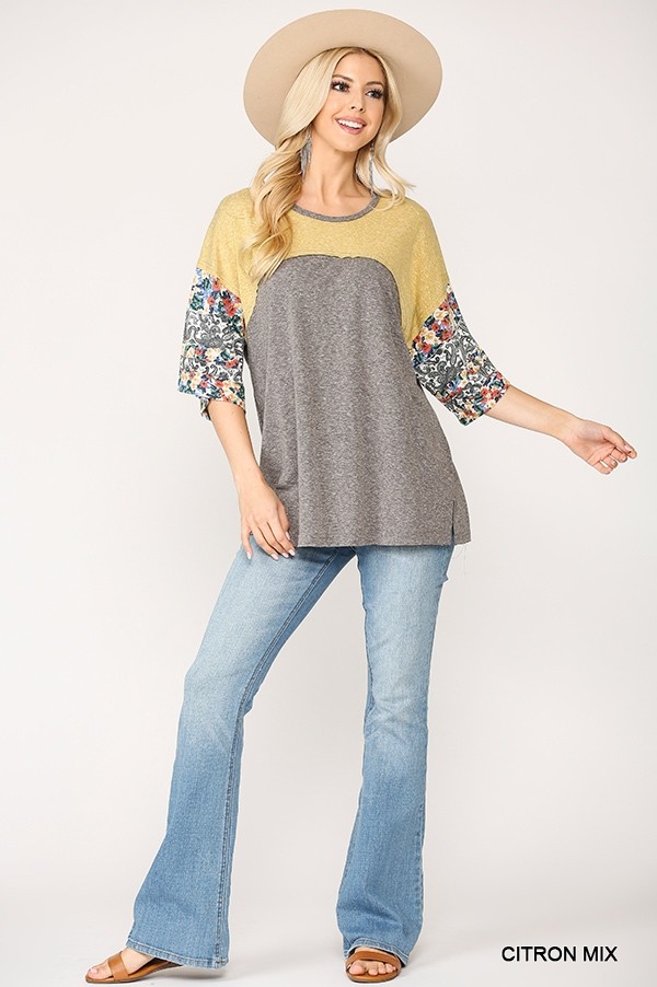 Colorblock Knit Mixed Top with Floral Print – Citron Mix