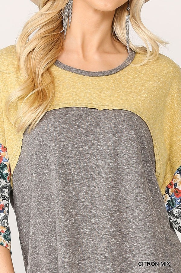 Colorblock Knit Mixed Top with Floral Print – Citron Mix