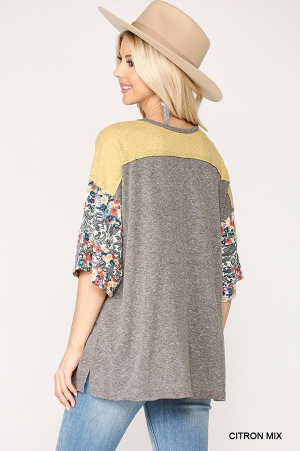 Colorblock Knit Mixed Top with Floral Print – Citron Mix