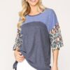 Colorblock Knit Mixed-Print Top with Dolman Sleeve – Denim Mix