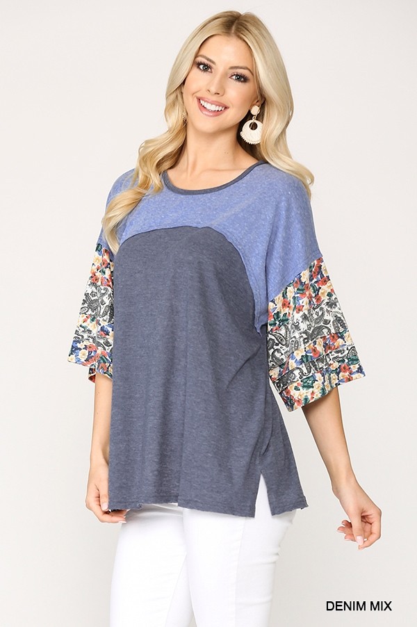 Colorblock Knit Mixed-Print Top with Dolman Sleeve – Denim Mix