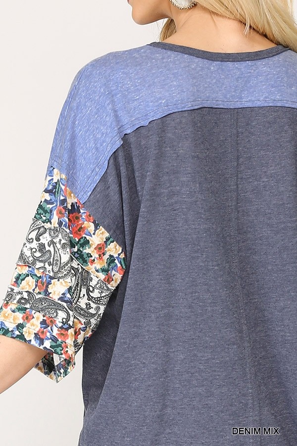 Colorblock Knit Mixed-Print Top with Dolman Sleeve – Denim Mix