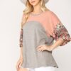 Colorblock Knit Top with Floral Print & Dolman Sleeve – Coral Mix
